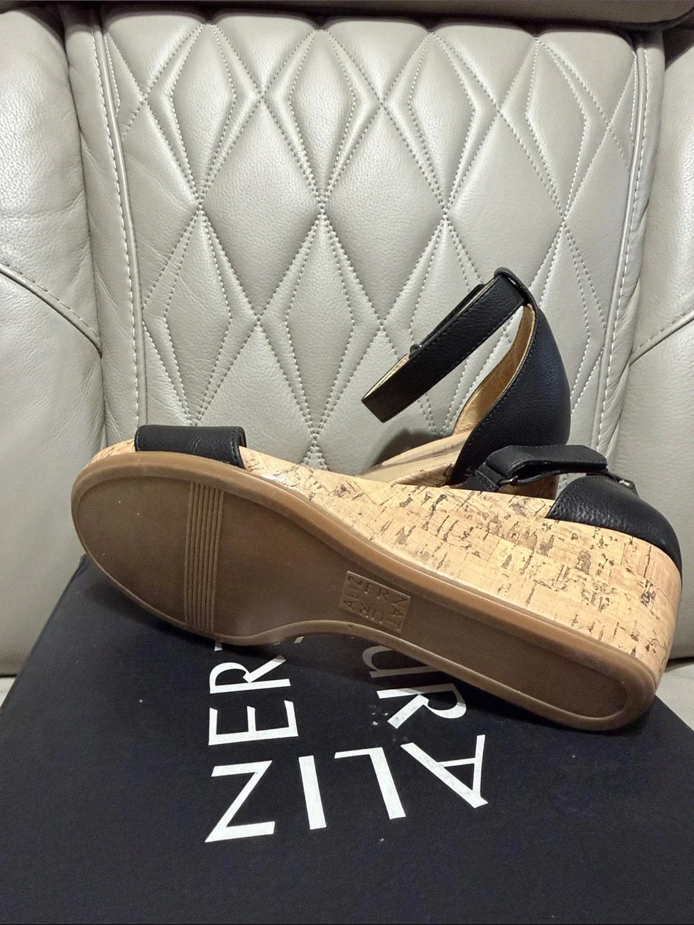 Naturalizer Areda Black Cork Wedge Ankle-Strap Sandal